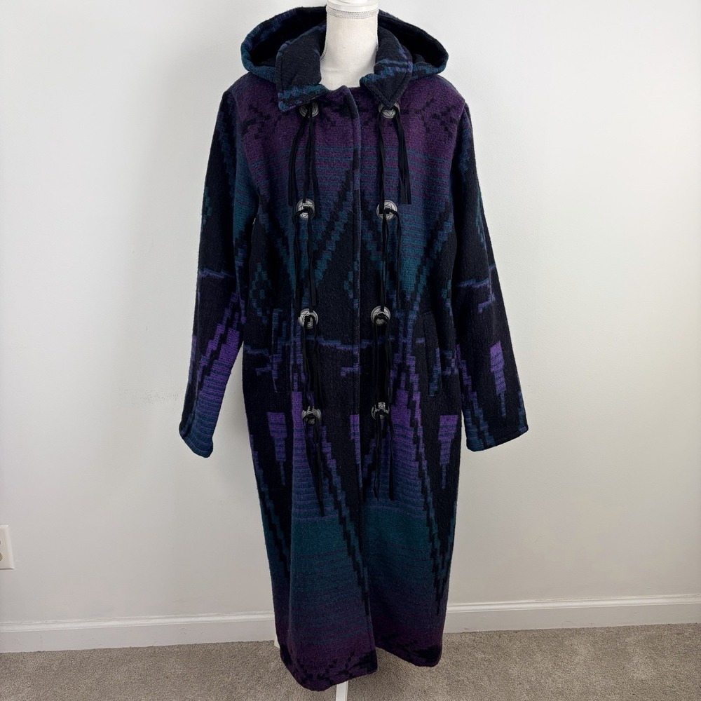 Vintage Woolrich Woman Aztec Southwestern Wool Blanket Coat Purple Teal Size L